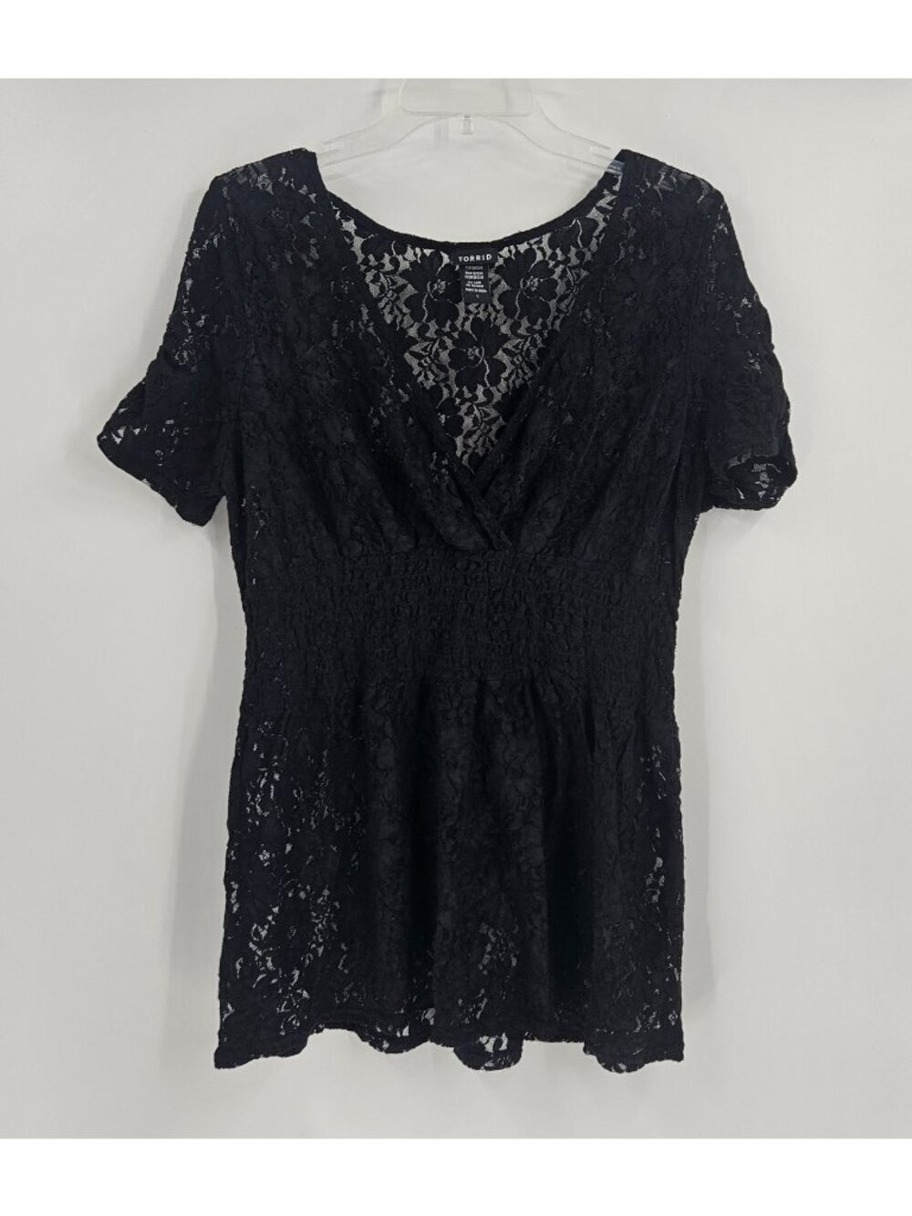 Torrid 1X Black Floral Lace Surplice Peplum Top Smocked Waist Short Sleeve